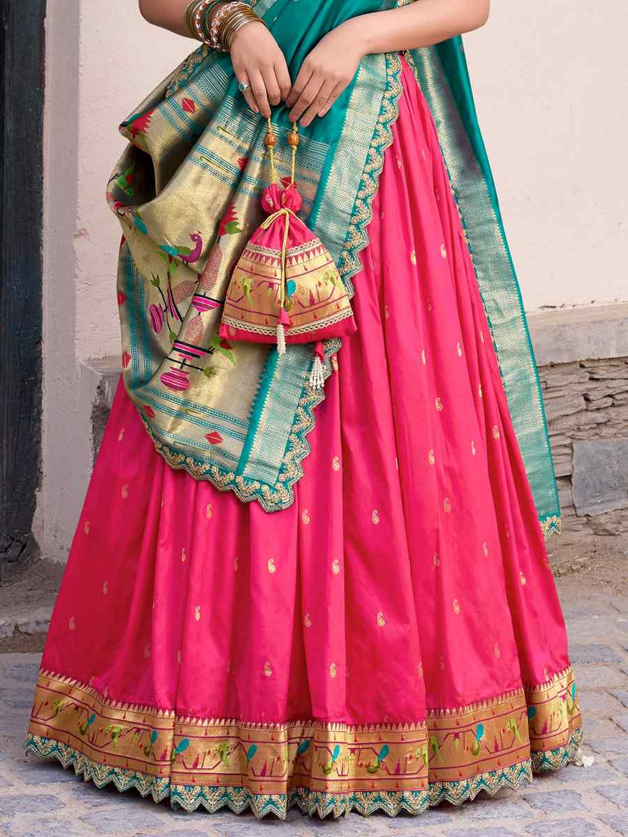 Pink Jacquard Silk Printed And Handwoven Party Reception Wedding Lehenga Choli