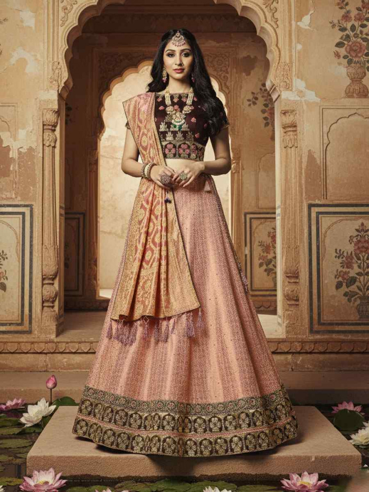 Image of Pink Jacquard Weaved Silk Embroidered Wedding Reception Festival Heavy Border Lehenga Choli