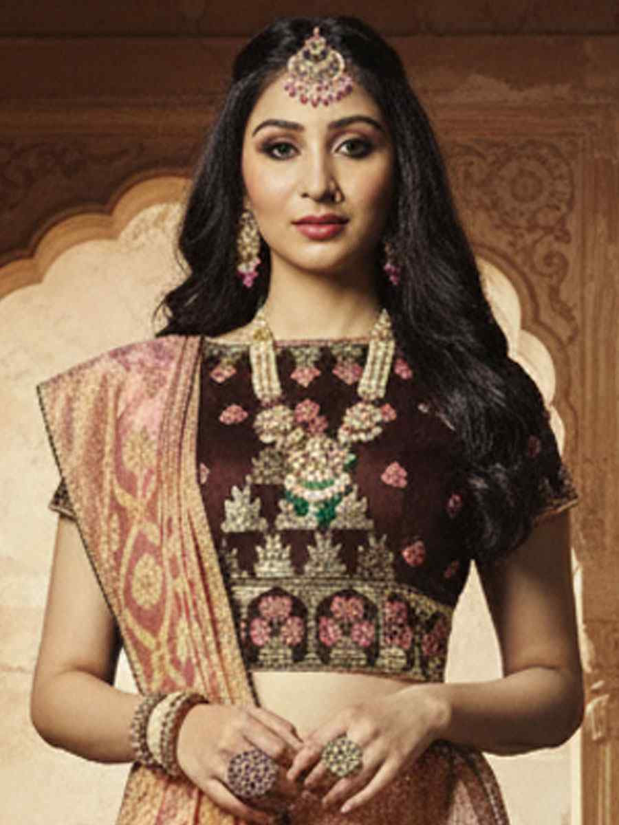 Pink Jacquard Weaved Silk Embroidered Wedding Reception Festival Heavy Border Lehenga Choli