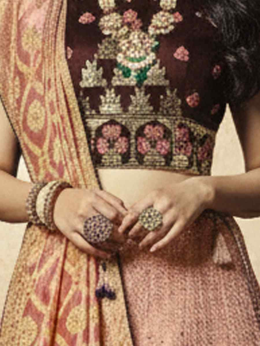 Pink Jacquard Weaved Silk Embroidered Wedding Reception Festival Heavy Border Lehenga Choli