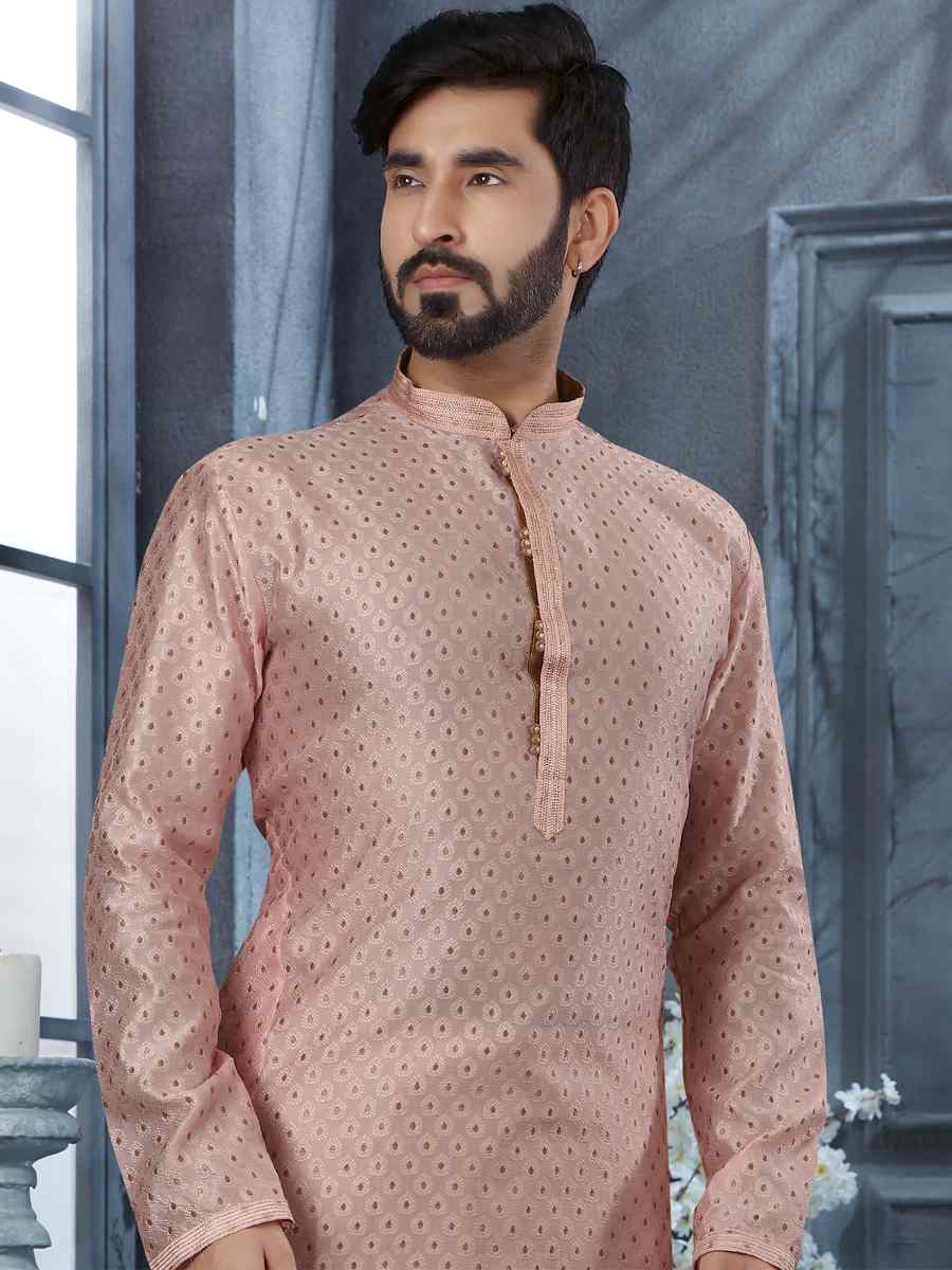 Pink Jacquard Woven Festival Party Kurta