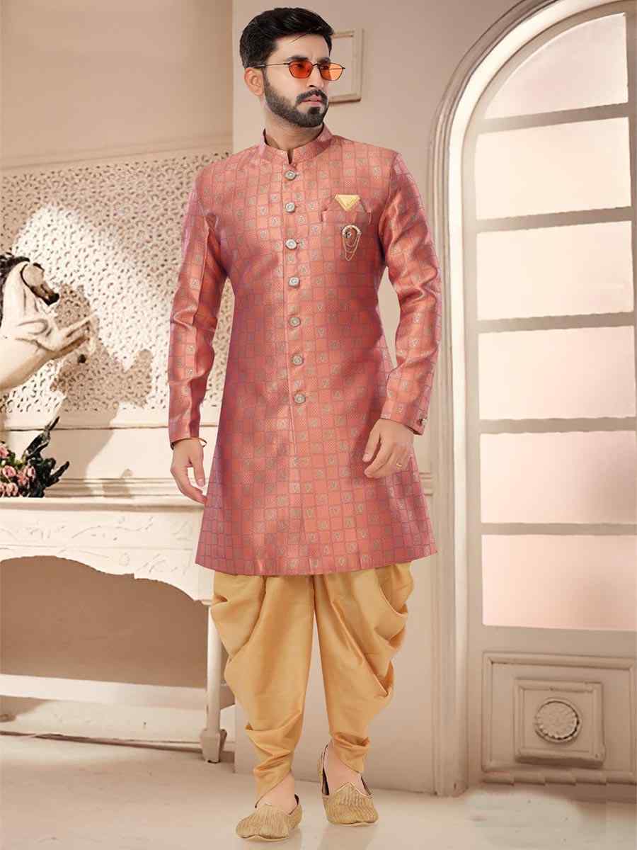 Pink Jacquard Woven Festival Wedding Kurta