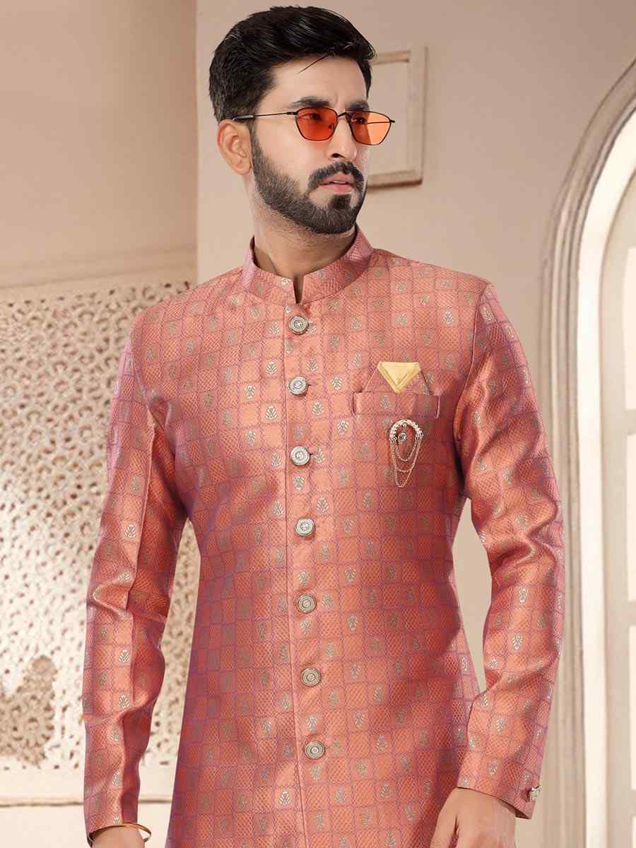 Pink Jacquard Woven Festival Wedding Kurta