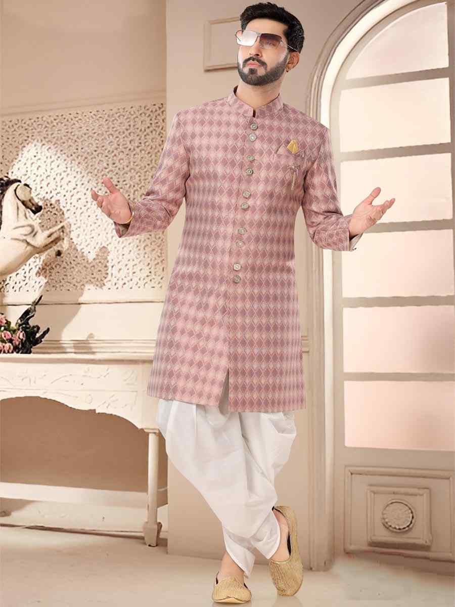 Pink Jacquard Woven Festival Wedding Kurta