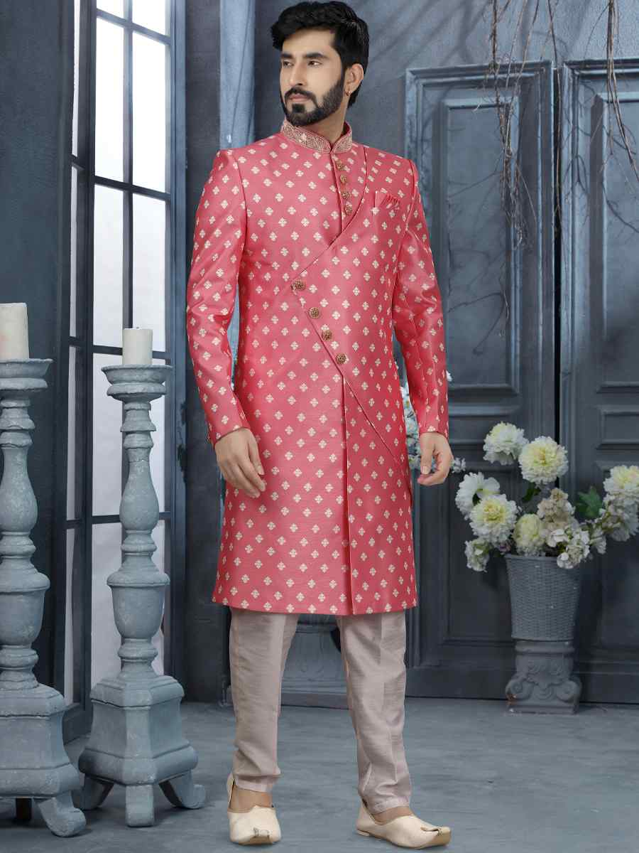 Pink Jacquard Woven Festival Wedding Sherwani