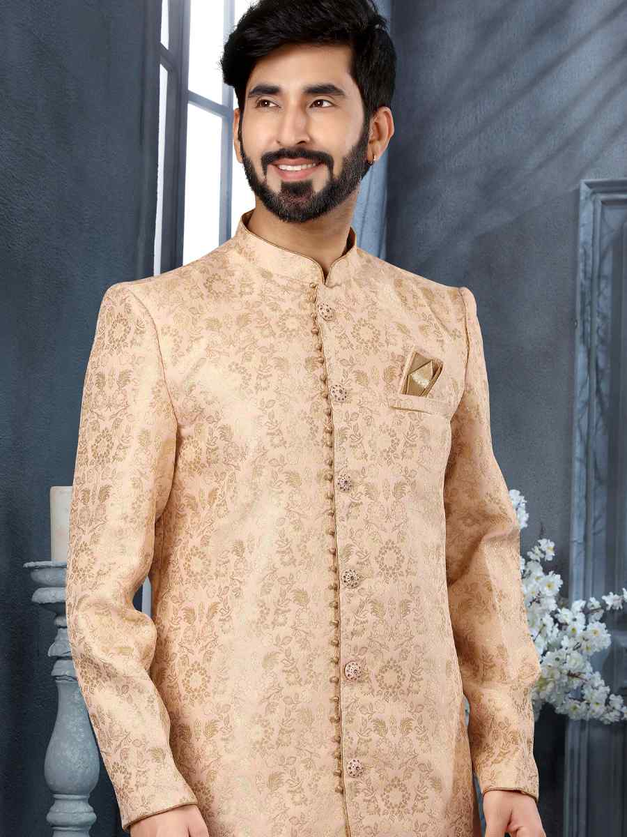 Pink Jacquard Woven Festival Wedding Sherwani