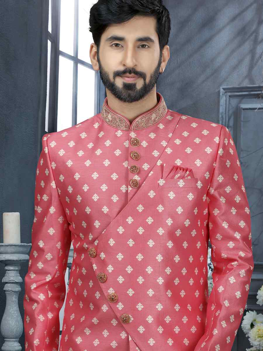 Pink Jacquard Woven Festival Wedding Sherwani