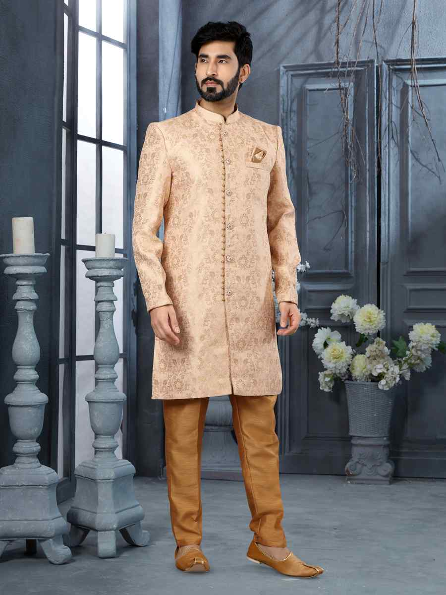Pink Jacquard Woven Festival Wedding Sherwani