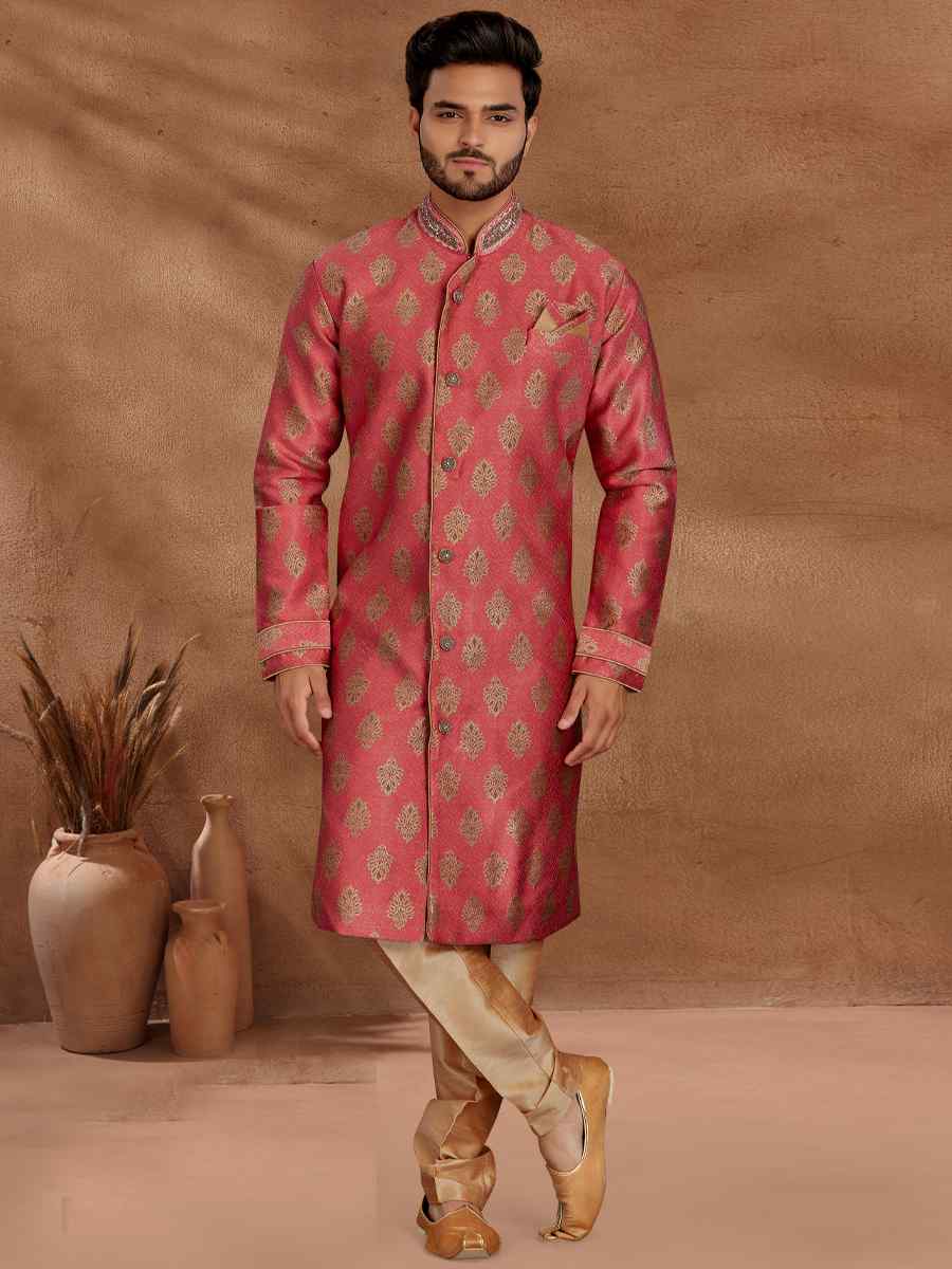 Pink Jacquard Woven Party Wedding Kurta
