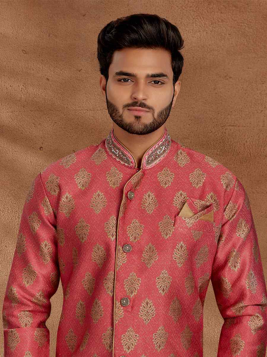 Pink Jacquard Woven Party Wedding Kurta