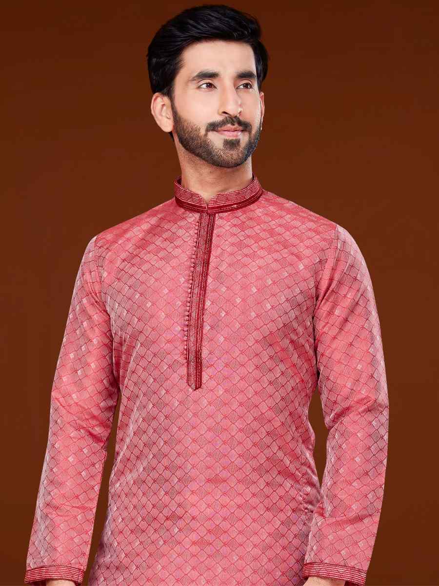 Pink Jacquard Woven Wedding Festival Kurta