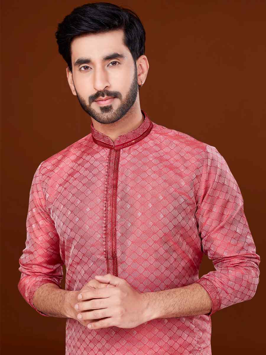 Pink Jacquard Woven Wedding Festival Kurta