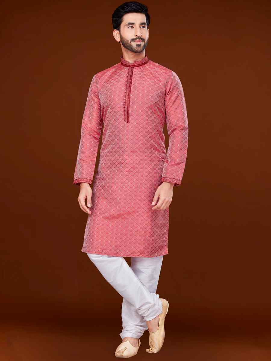 Pink Jacquard Woven Wedding Festival Kurta