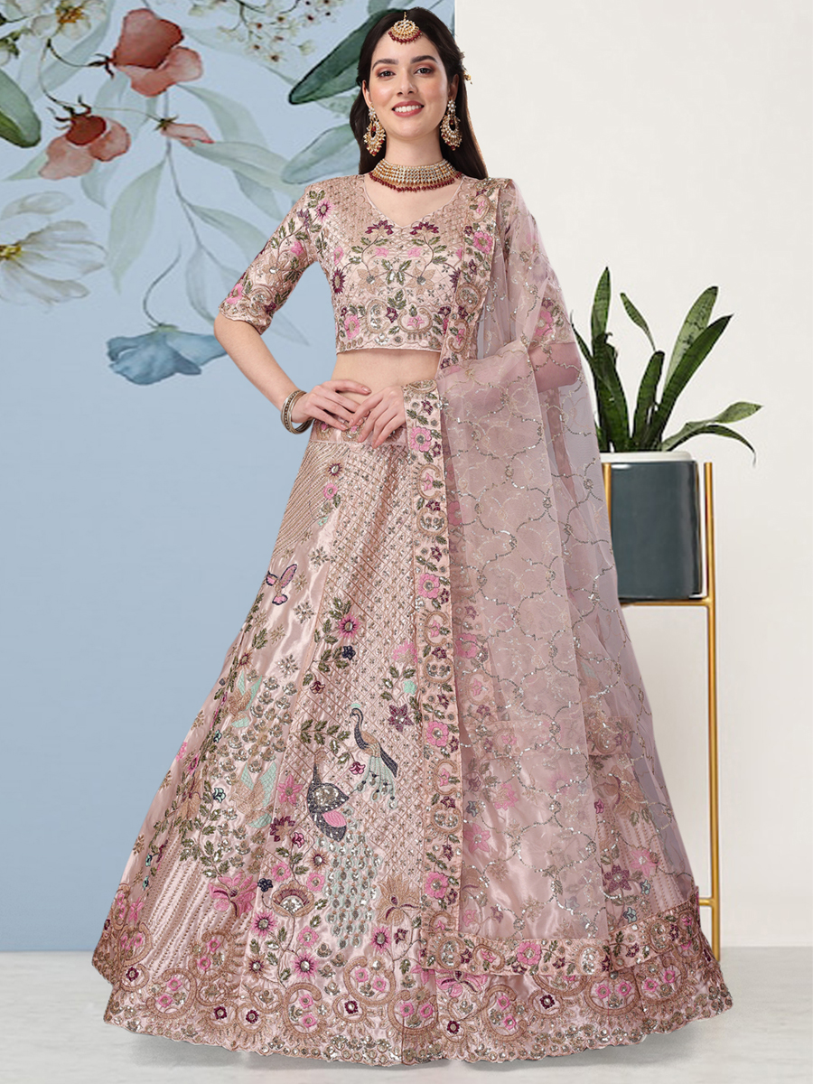 Pink Japan Satin Silk Embroidered Reception Wedding Heavy Border Lehenga Choli