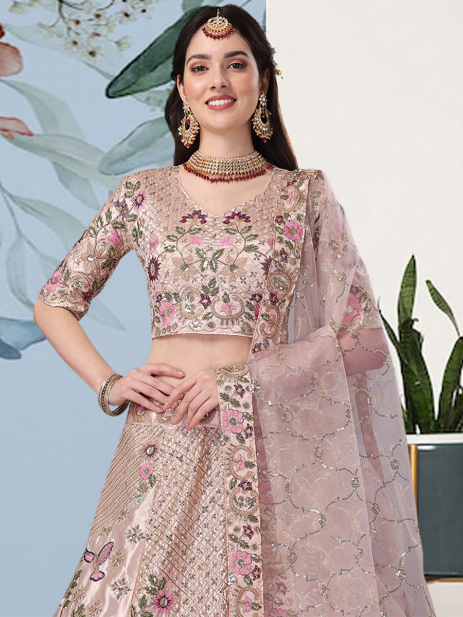 Pink Japan Satin Silk Embroidered Reception Wedding Heavy Border Lehenga Choli