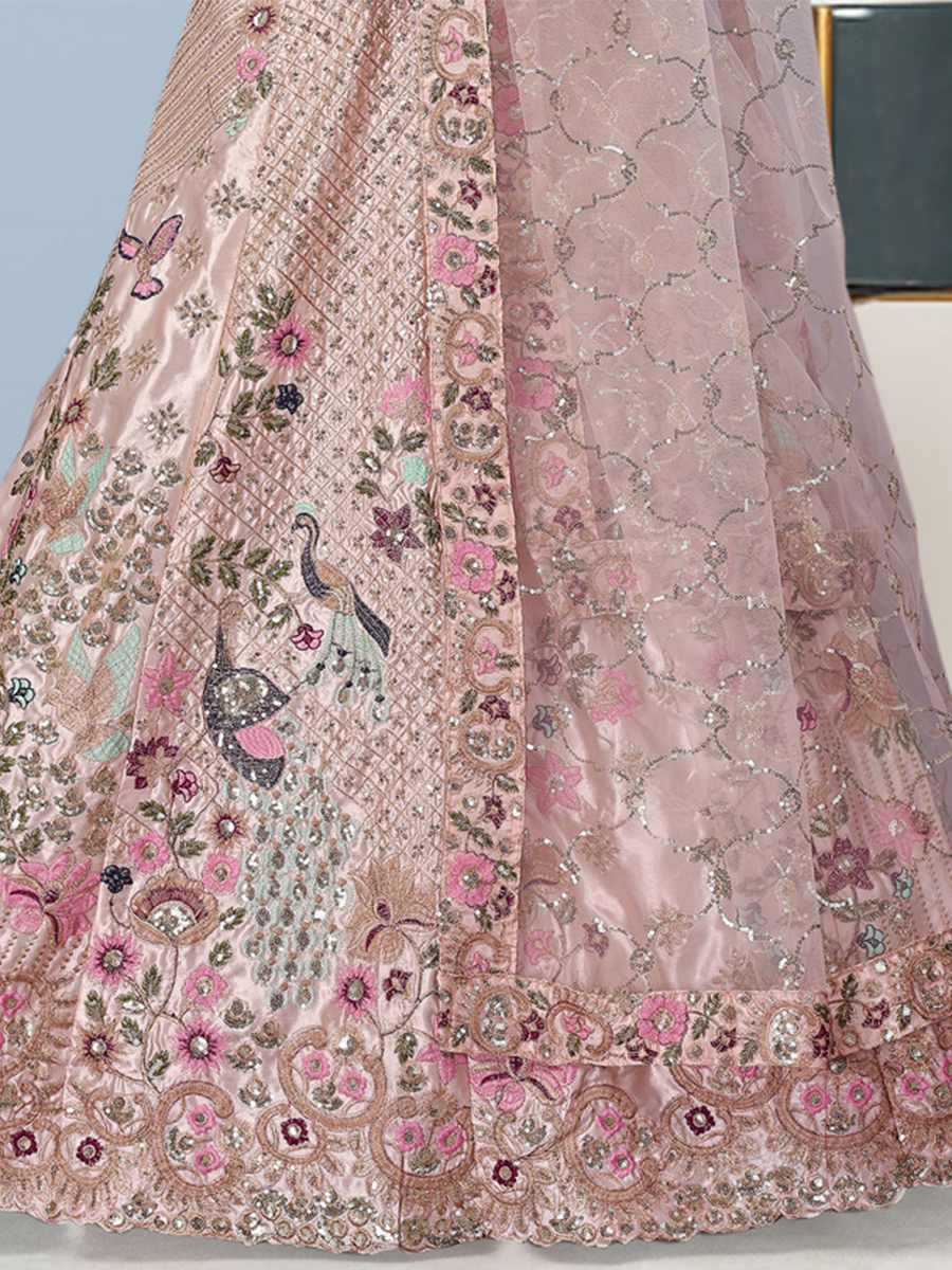Pink Japan Satin Silk Embroidered Reception Wedding Heavy Border Lehenga Choli