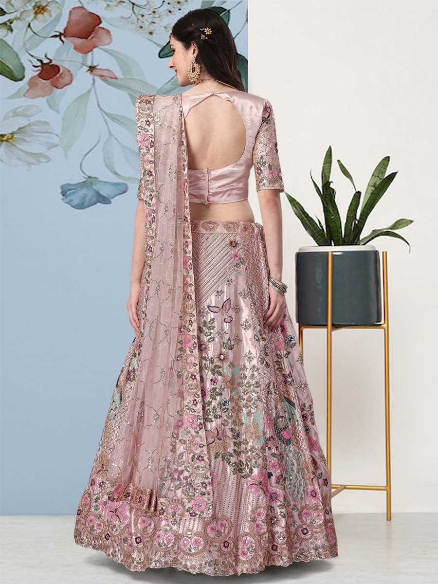 Pink Japan Satin Silk Embroidered Reception Wedding Heavy Border Lehenga Choli