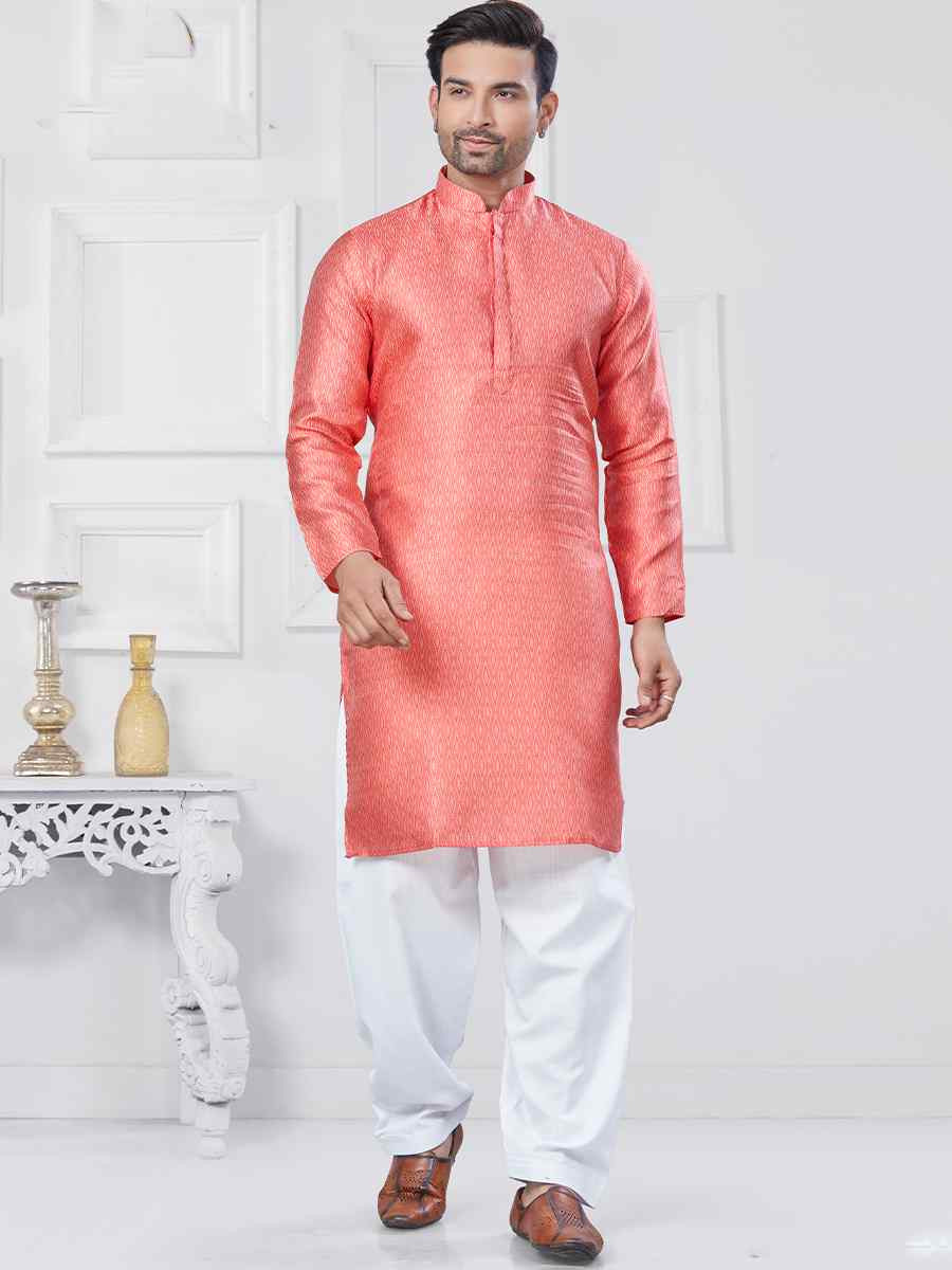 Pink Jecquard Silk With Digital Print Festival Casual Kurta