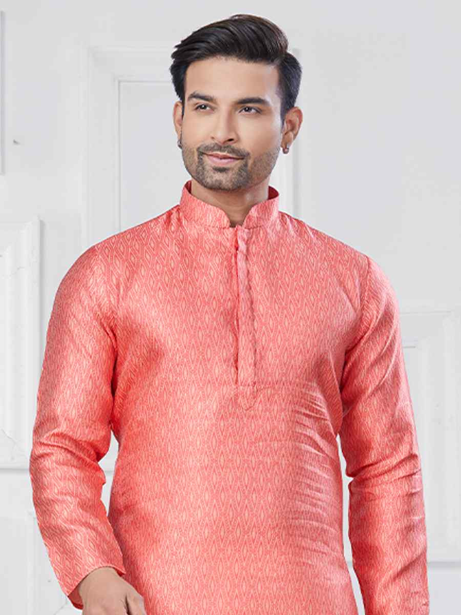 Pink Jecquard Silk With Digital Print Festival Casual Kurta