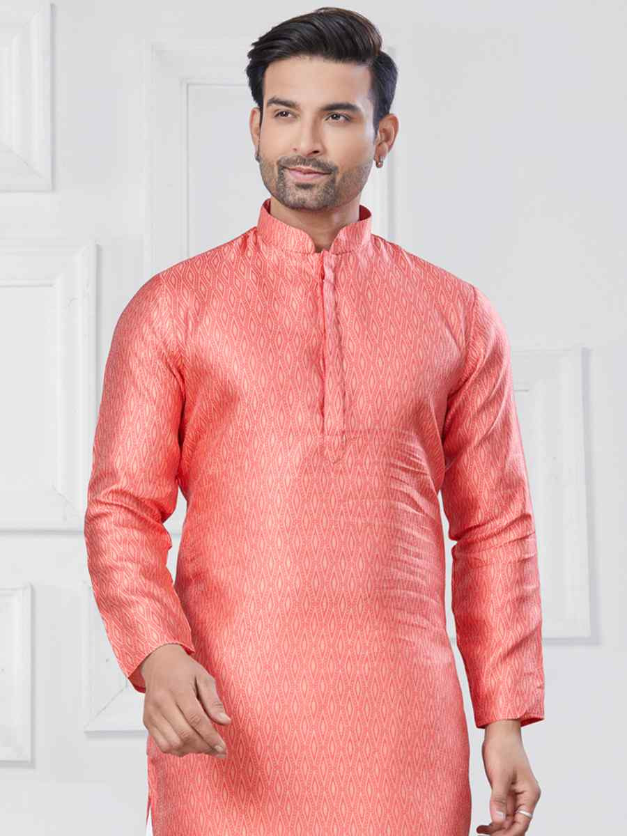 Pink Jecquard Silk With Digital Print Festival Casual Kurta