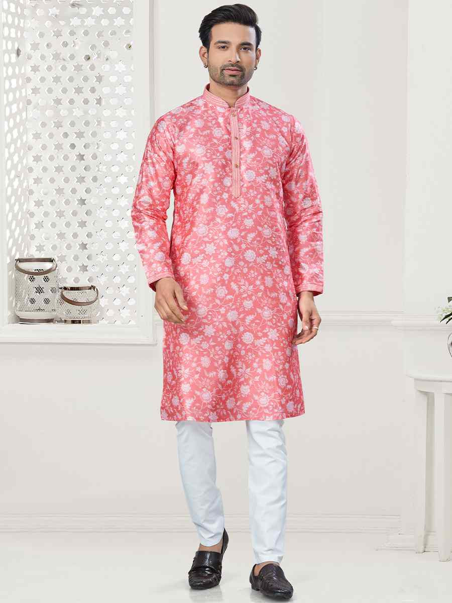 Pink Jecquard Silk With Digital Print Festival Casual Kurta