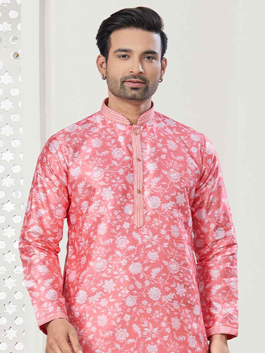 Pink Jecquard Silk With Digital Print Festival Casual Kurta