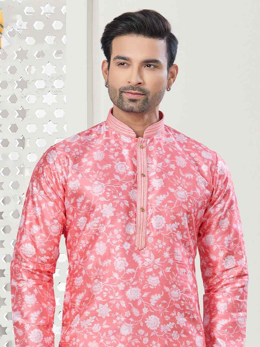 Pink Jecquard Silk With Digital Print Festival Casual Kurta