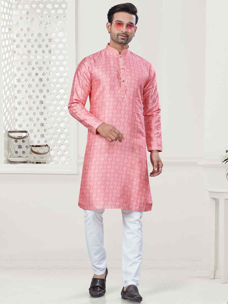 Pink Jecquard Silk With Digital Print Festival Casual Kurta