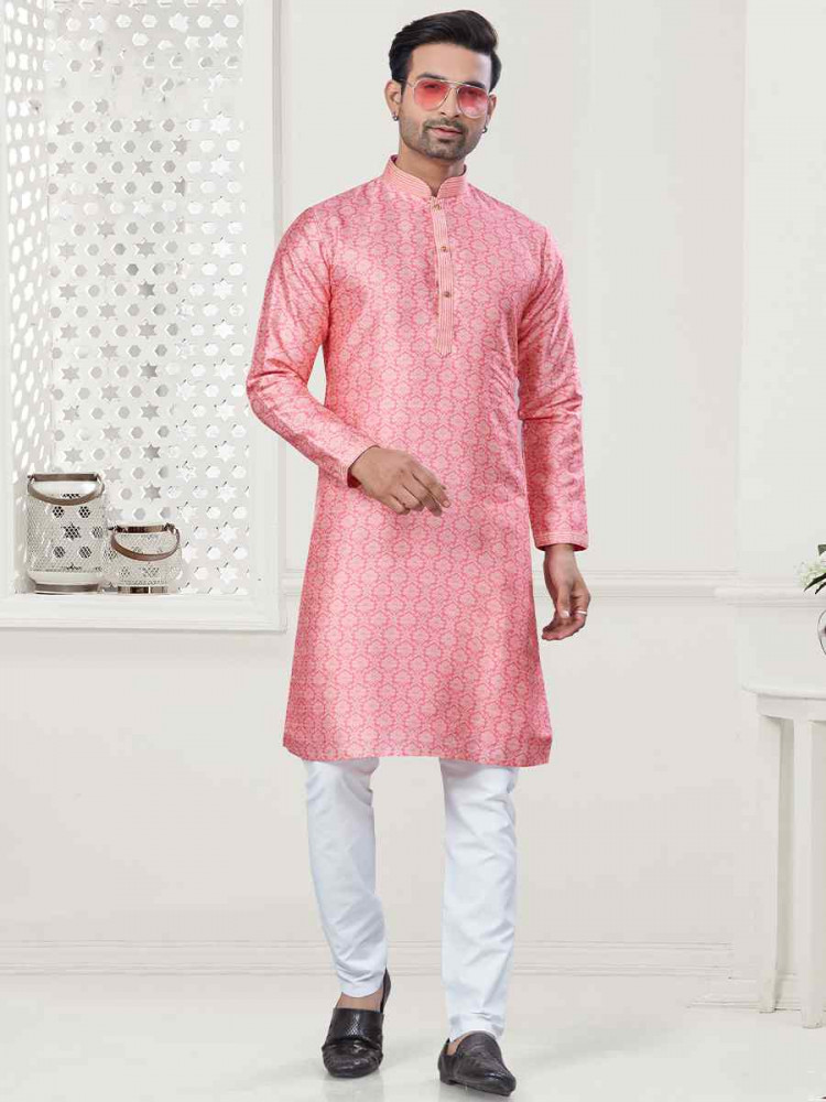 Pink Jecquard Silk With Digital Print Festival Casual Kurta
