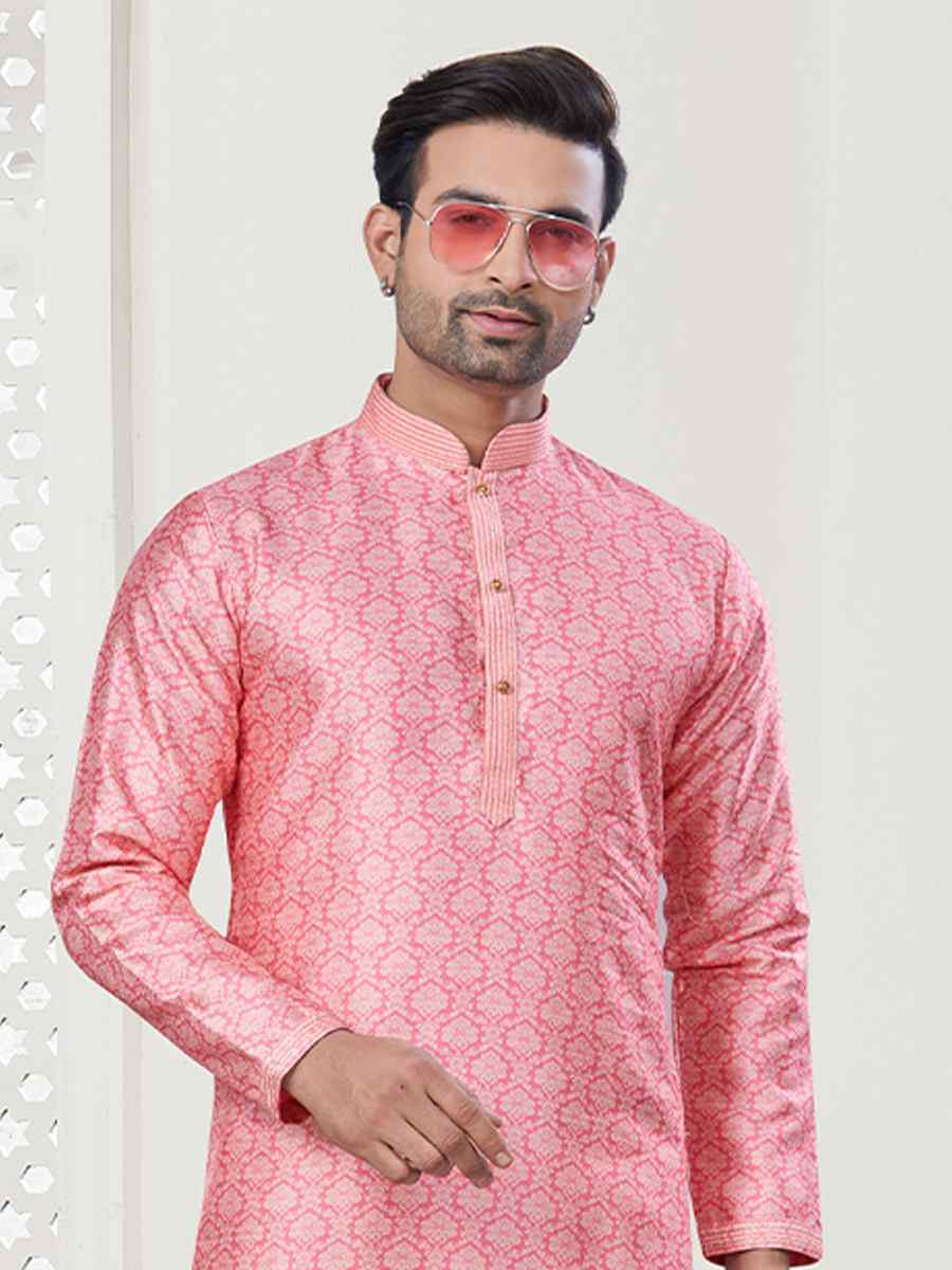 Pink Jecquard Silk With Digital Print Festival Casual Kurta