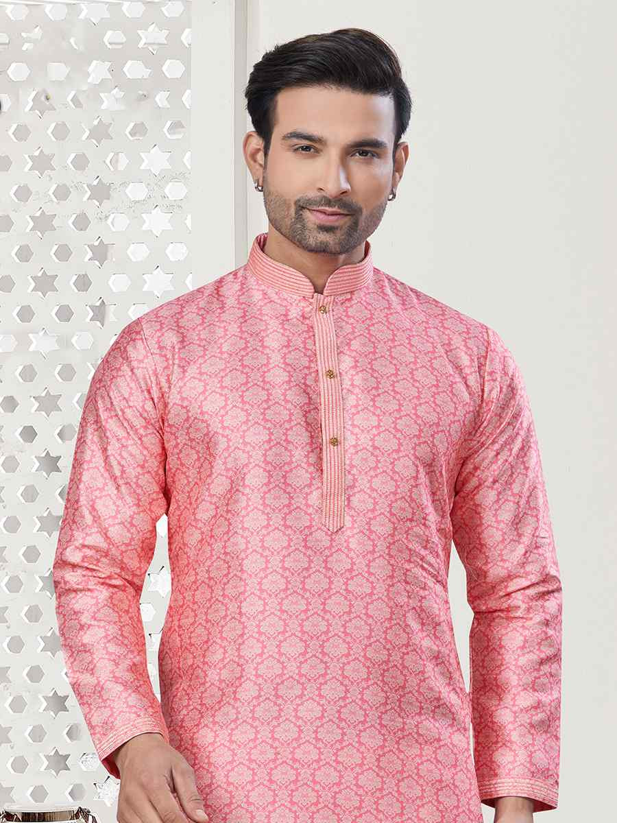Pink Jecquard Silk With Digital Print Festival Casual Kurta
