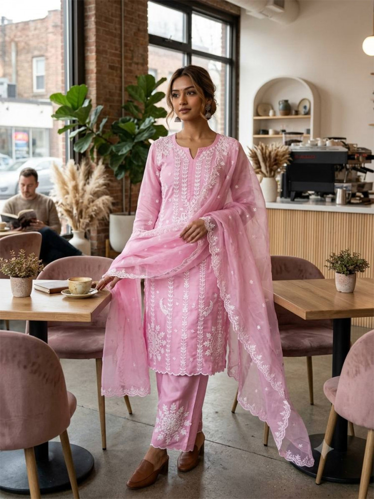 Image of Pink Jimmy Choo Silk Embroidery Wedding Party Festival Casual Ready Palazzo Pant Salwar Kameez