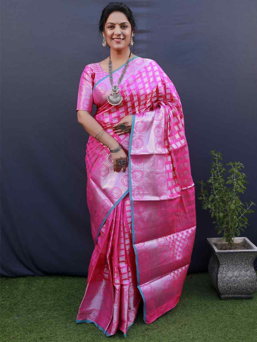 Pink Kanchipuram Silk Handwoven Wedding Festival Heavy Border Saree