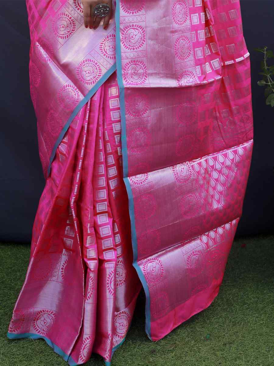 Pink Kanchipuram Silk Handwoven Wedding Festival Heavy Border Saree