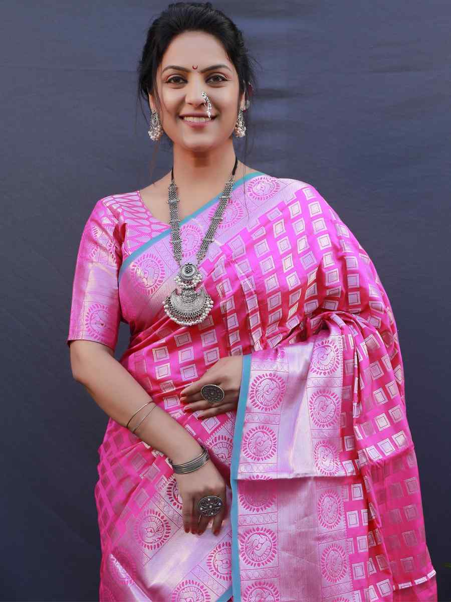 Pink Kanchipuram Silk Handwoven Wedding Festival Heavy Border Saree