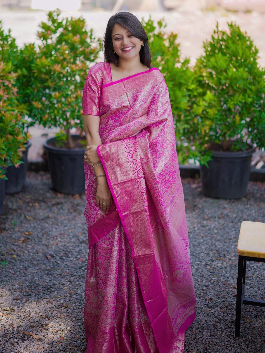 Pink Kanchipuram Silk Zari Weaving Wedding Reception Party Festival Casual Heavy Border Sarees