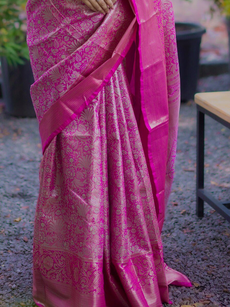 Pink Kanchipuram Silk Zari Weaving Wedding Reception Party Festival Casual Heavy Border Sarees