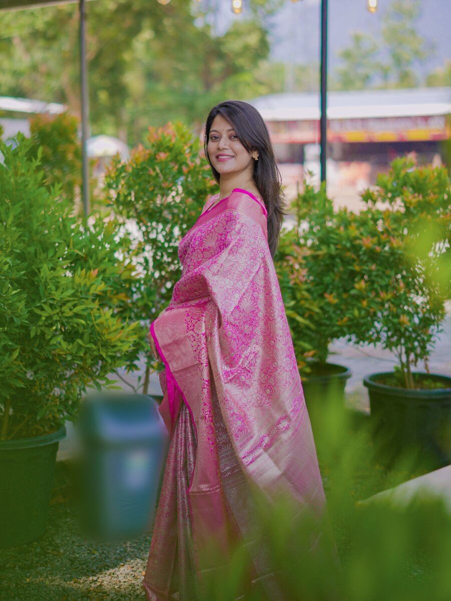 Pink Kanchipuram Silk Zari Weaving Wedding Reception Party Festival Casual Heavy Border Sarees