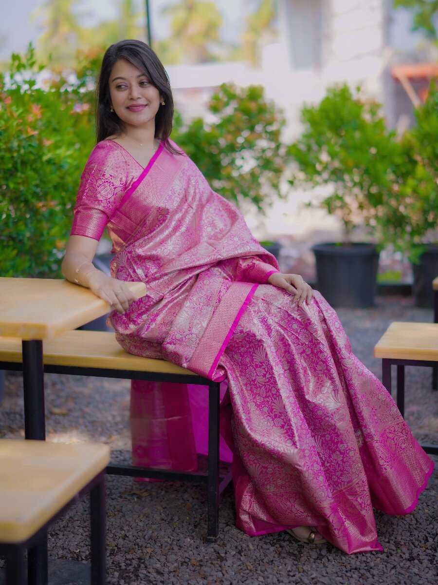 Pink Kanchipuram Silk Zari Weaving Wedding Reception Party Festival Casual Heavy Border Sarees