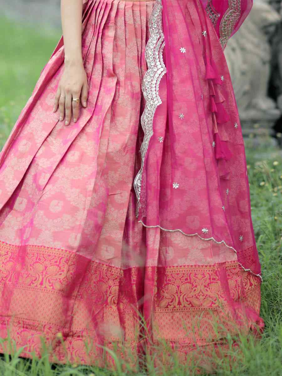 Pink Kanjivaram Pattu Silk Embroidered Mehendi Festival Traditional Lehenga Choli