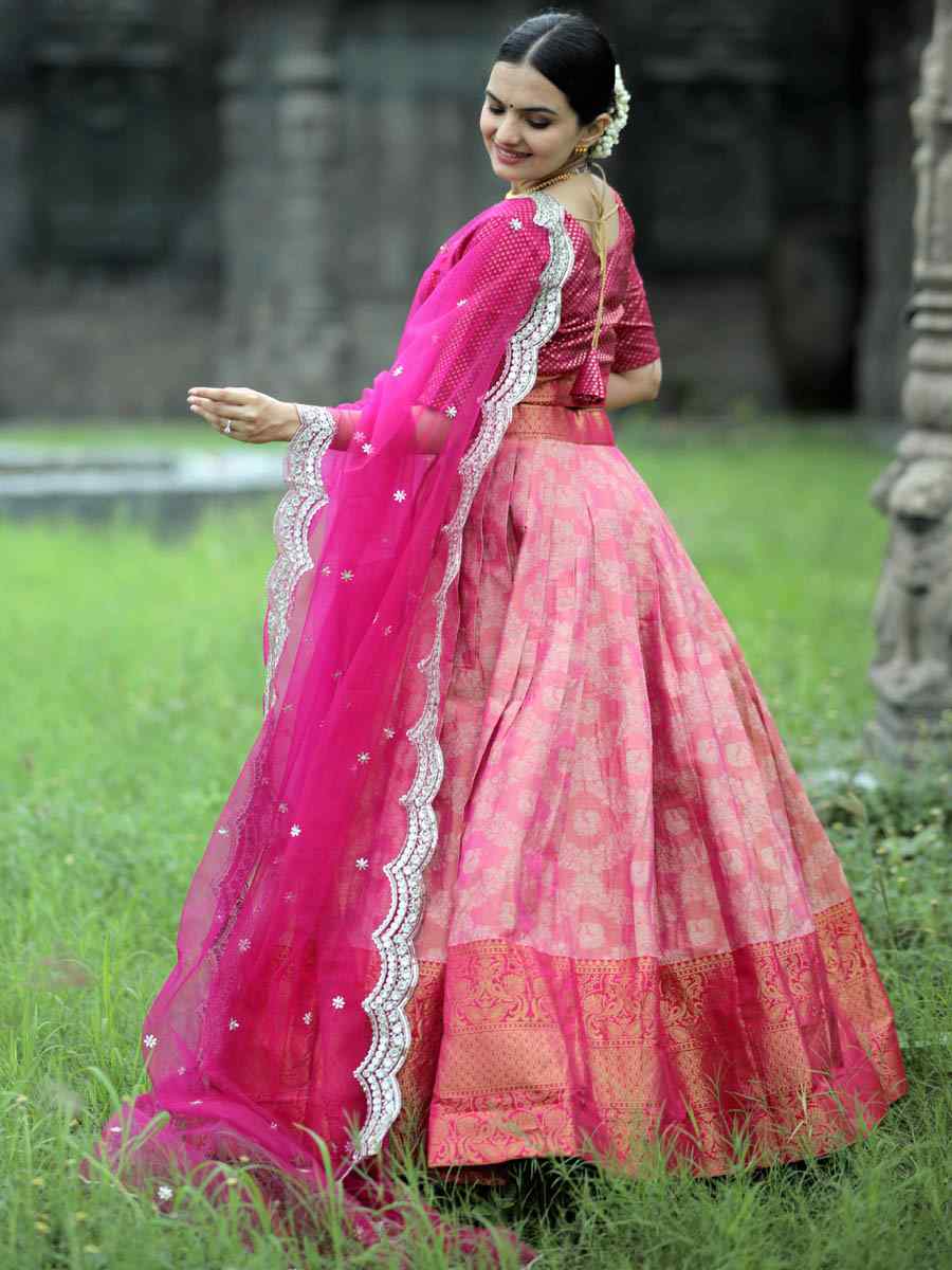 Pink Kanjivaram Pattu Silk Embroidered Mehendi Festival Traditional Lehenga Choli