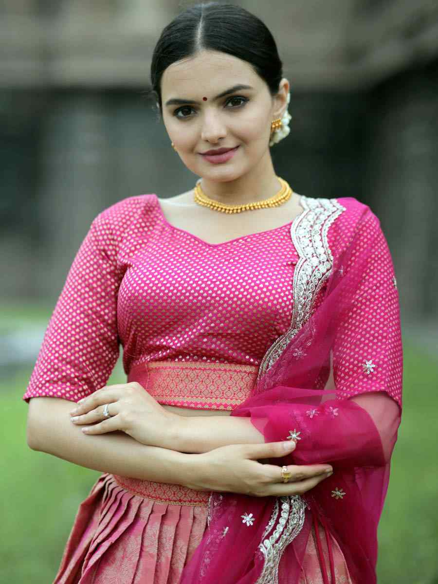 Pink Kanjivaram Pattu Silk Embroidered Mehendi Festival Traditional Lehenga Choli