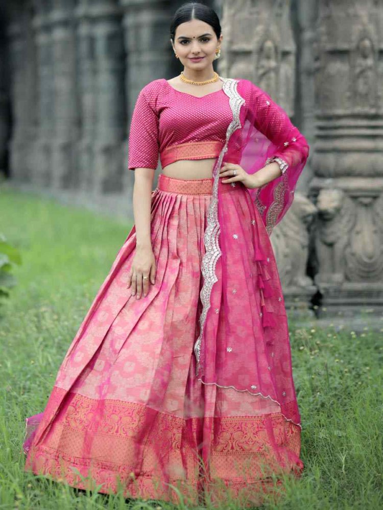 Pink Kanjivaram Pattu Silk Embroidered Mehendi Festival Traditional Lehenga Choli