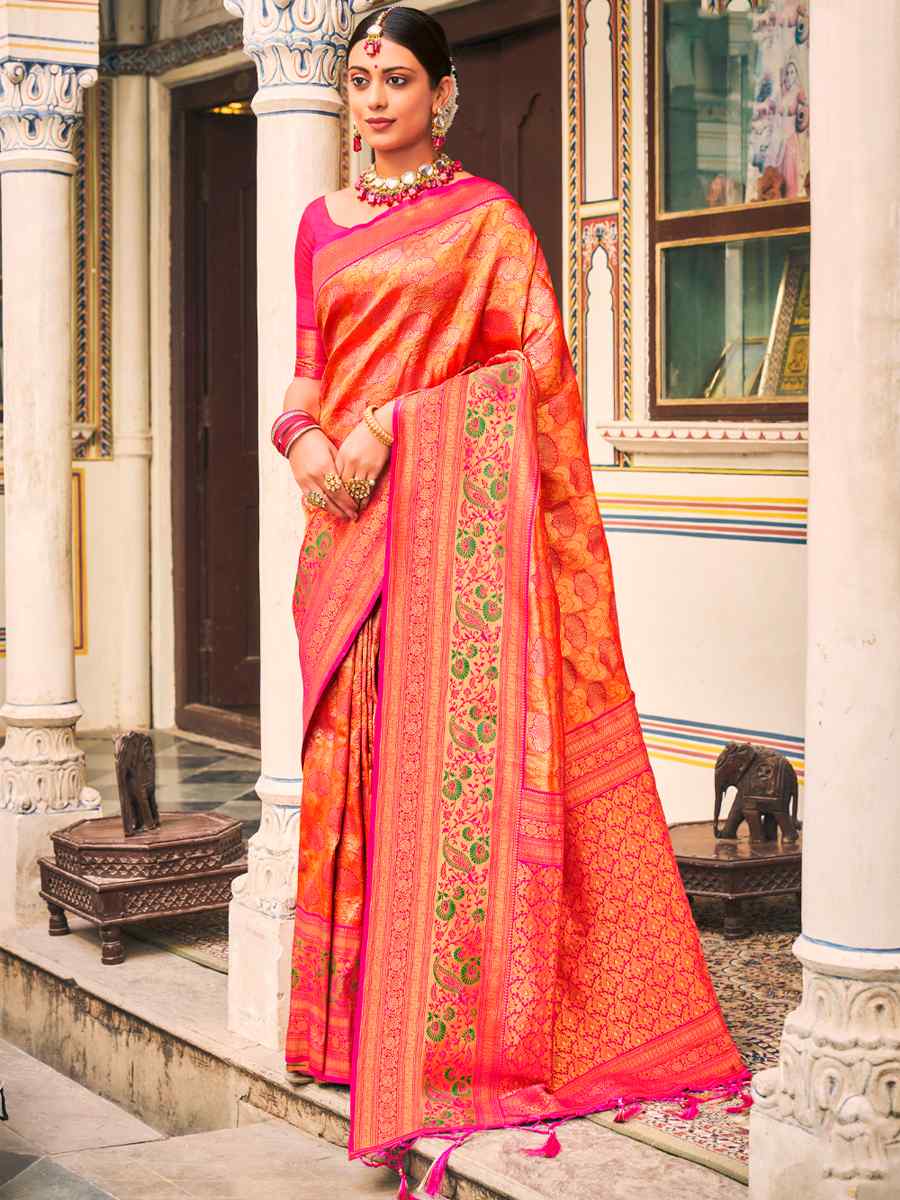 Pink Kanjivaram Silk Handwoven Wedding Festival Heavy Border Saree