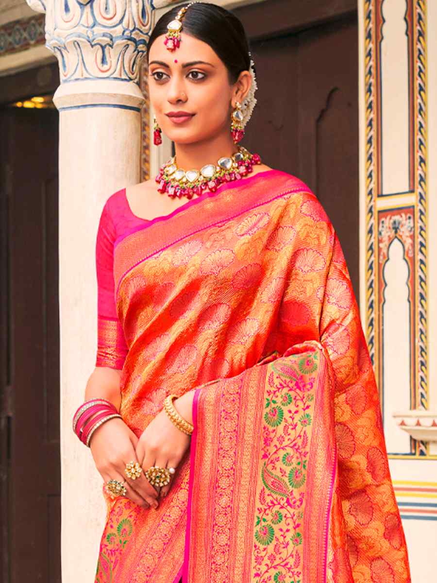 Pink Kanjivaram Silk Handwoven Wedding Festival Heavy Border Saree