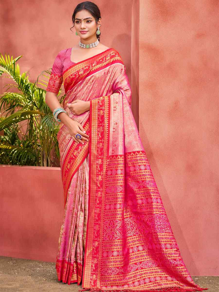 Pink Kanjivaram Silk Printed Handwoven Festival Wedding Fancy Heavy Border Saree