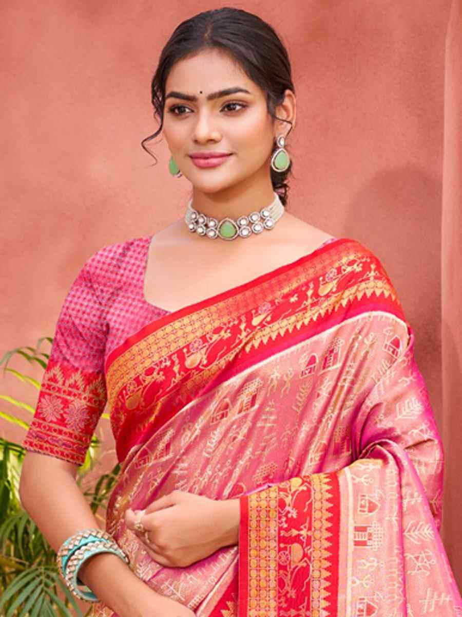 Pink Kanjivaram Silk Printed Handwoven Festival Wedding Fancy Heavy Border Saree