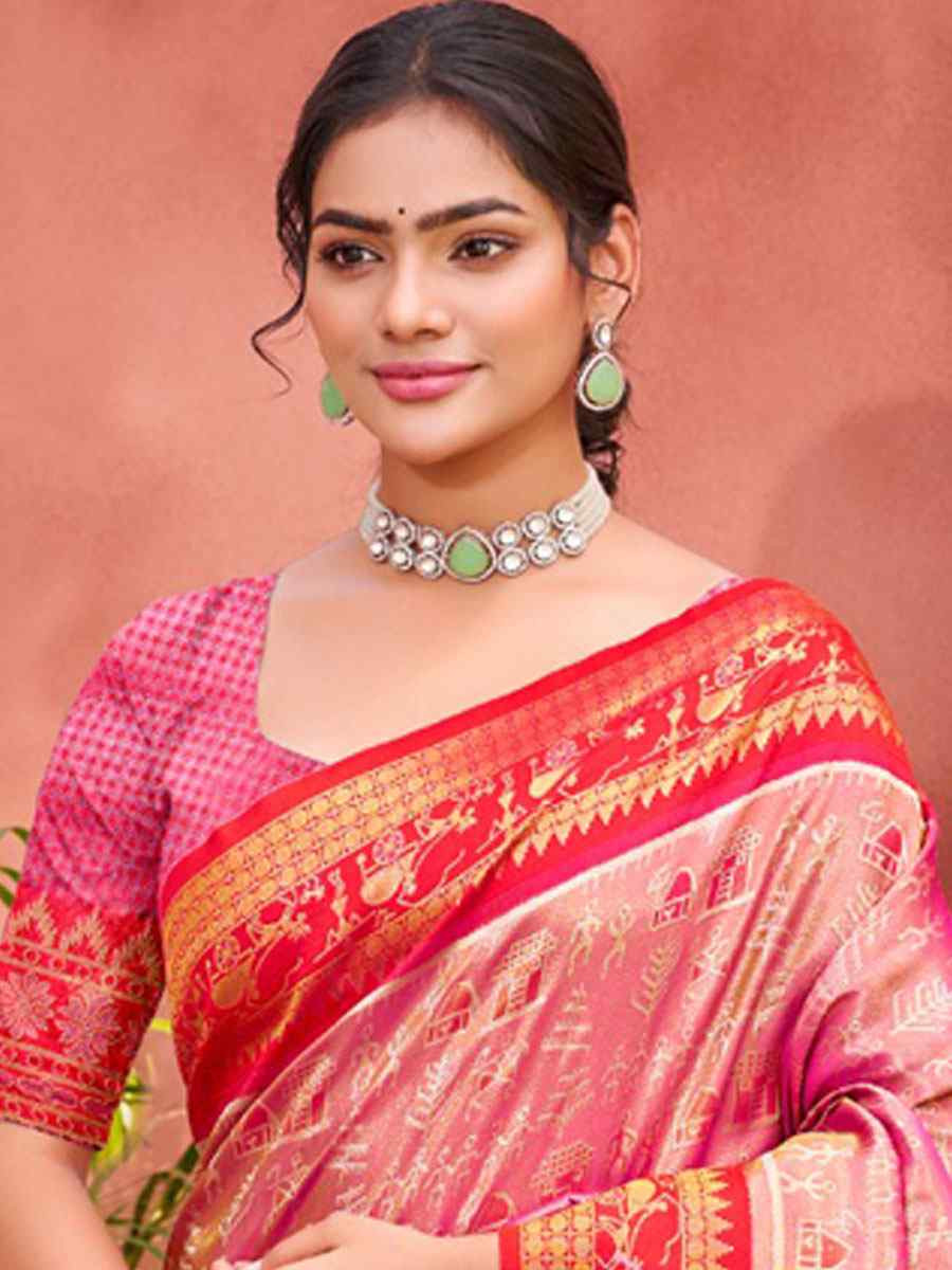 Pink Kanjivaram Silk Printed Handwoven Festival Wedding Fancy Heavy Border Saree