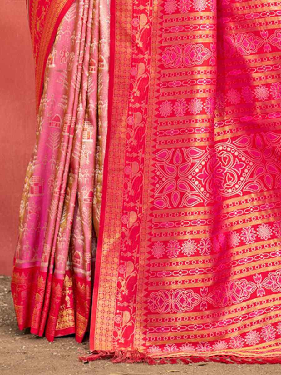 Pink Kanjivaram Silk Printed Handwoven Festival Wedding Fancy Heavy Border Saree