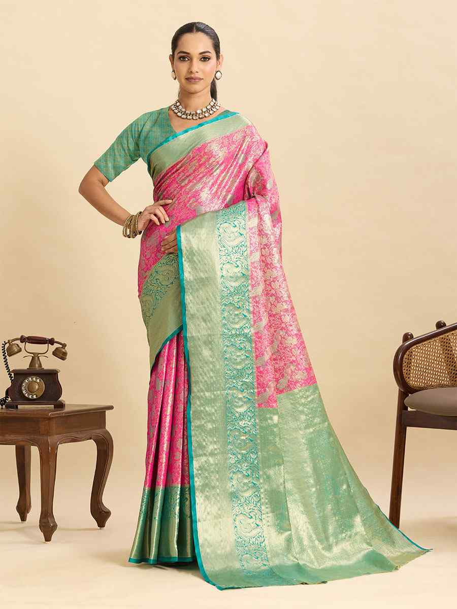 Pink Kanjivaram Silk Zari Handwoven Bridal Reception Festival Wedding Fancy Heavy Border Saree